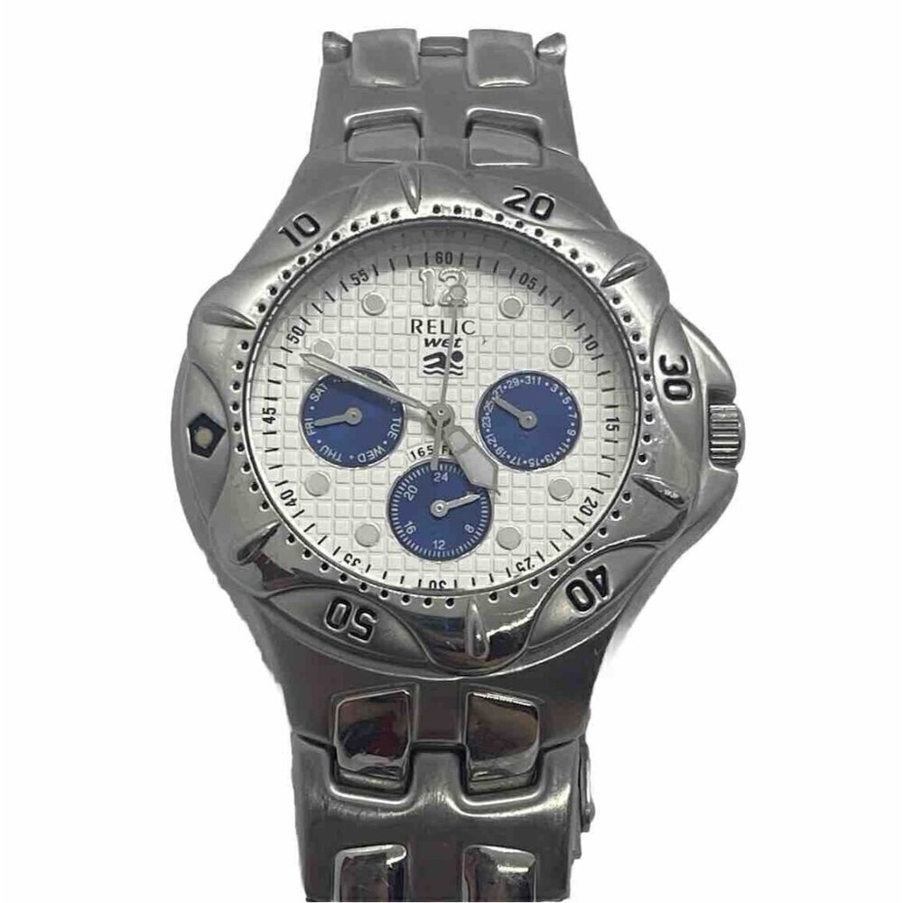 Relic Wet Watch Men Silver Tone Day Date Blue White Multi Dial ZR15358 Stainless